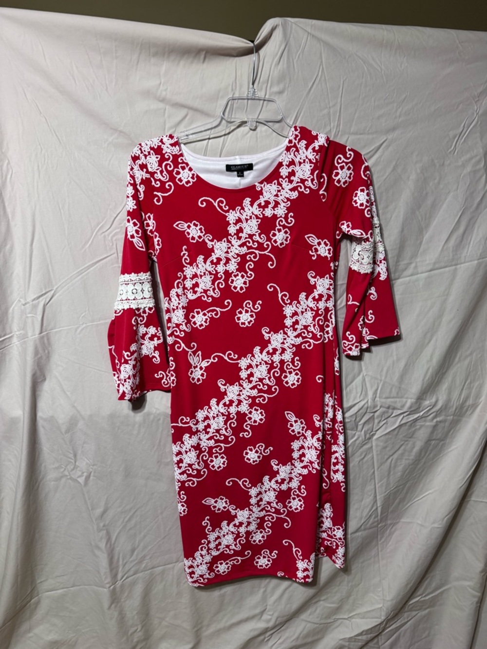 Glamour Red Floral Lace-Trim Long Sleeve Shift Dress